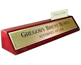 Rosewood Piano Finish Deskplate - Brushed Gold Name Plate with a Shiny Gold Border, Card Slot